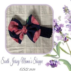 Infant Headband Navy Band Navy With Pink Floral Bow Size Newborn B302